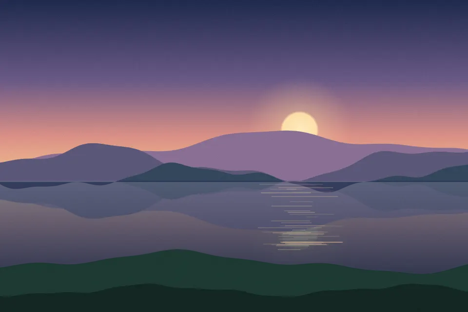 Sample photo: a low sun over violet hills, reflected in a lake, with a dark green shore in front